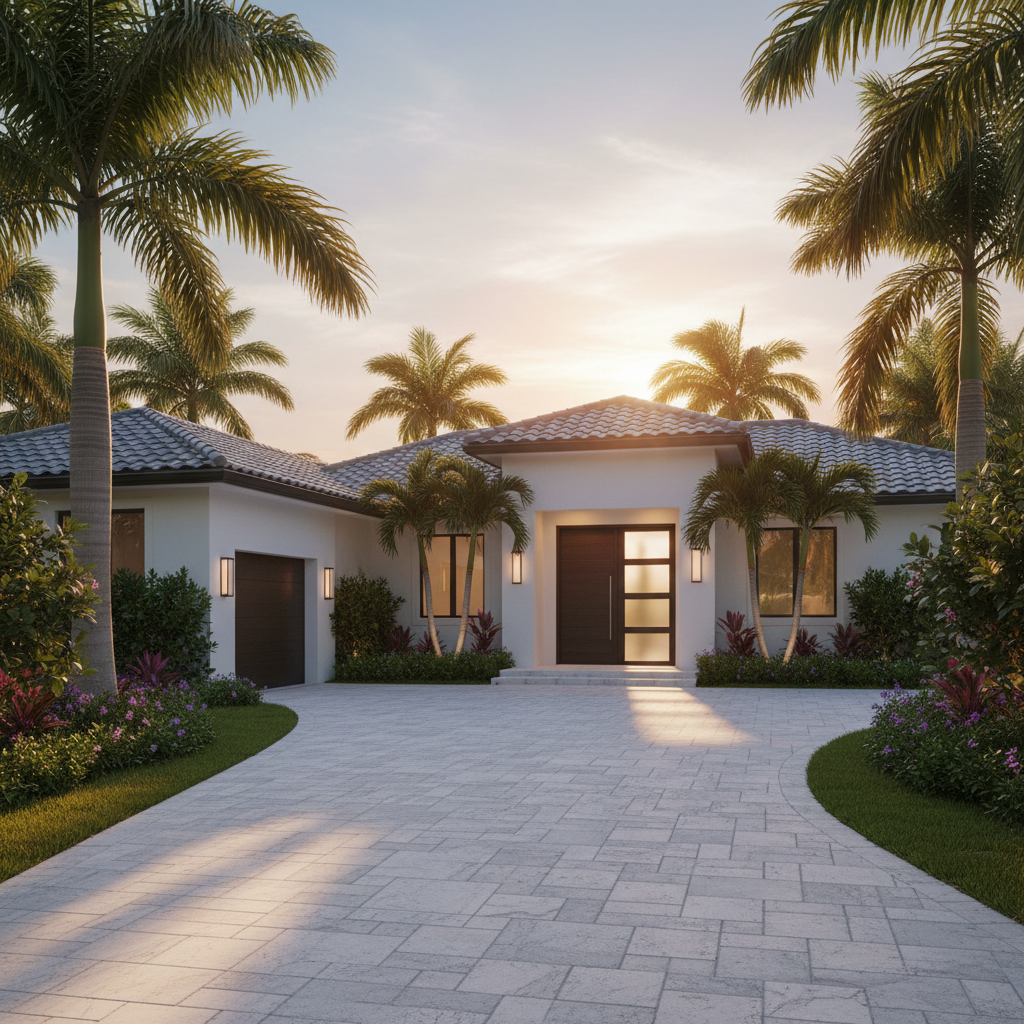 Fully renovated luxury South Florida home exterior at golden hour